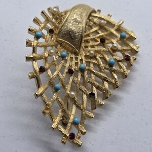 Gold-tone Multi-Accent Fan Brooch with Turquoise & Pearl Accents